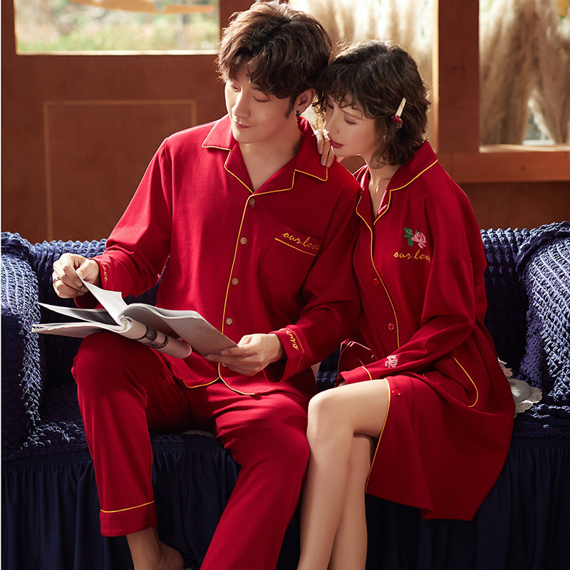 Autumn and winter red couple married with newlywed dress dress pure cotton pregnant sleepdress spring and autumn bathrobe home suit
