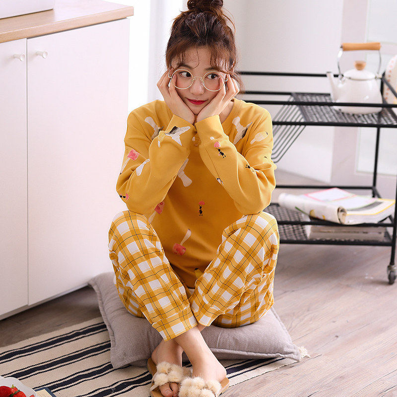 Yellow Pyjamas Woman Spring Autumn 2022 New Long Sleeves Pure Cotton Fall Sleeve Head Round Collar Cute College Student Home Conserved Winter