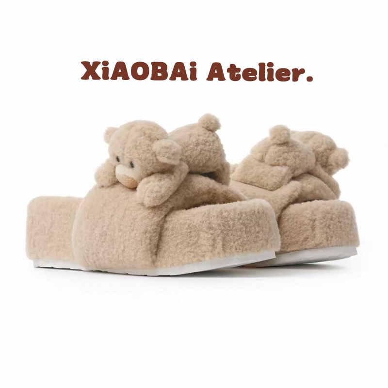 Xiaobai E's Cute Little Bear Open-Toe Slide Sandals for Women 2026 New Plush Thick-Soled Fashionable Commuter Slippers Xiaobai E's Cute Little Bear Open-Toe Slide Sandals for Women 2026 New Plush Thick-Soled Fashionable Commuter Slippers