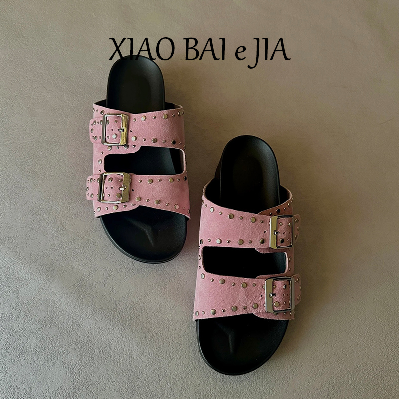 Summer New Style! Unique Rivet Double-Strap Birkenstock-Style Women's Genuine Leather Open-Toe Casual Outdoor Thick-Soled Slippers Summer New Style! Unique Rivet Double-Strap Birkenstock-Style Women's Genuine Leather Open-Toe Casual Outdoor Thick-Soled Slippers