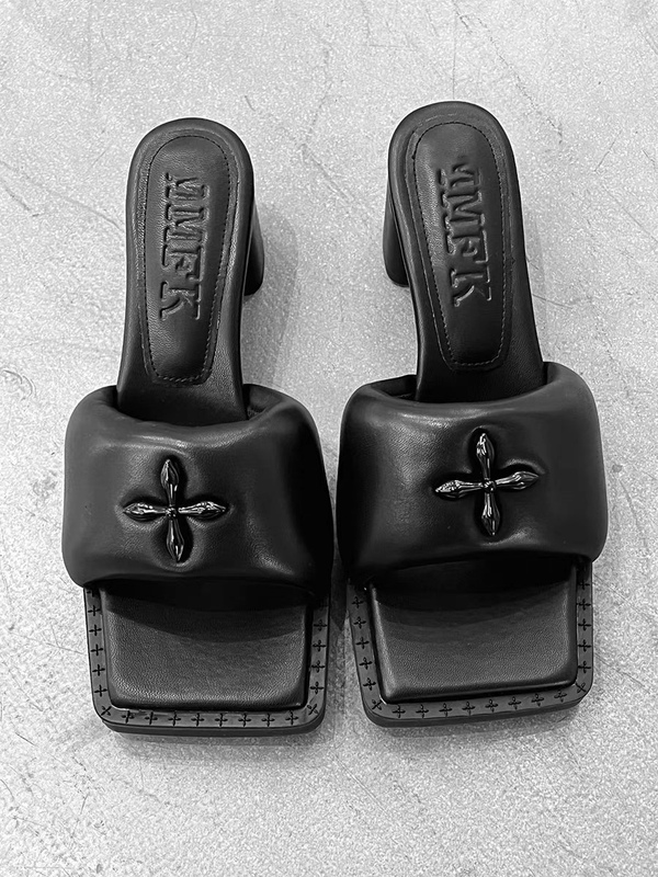 2026 Full Sheepskin Cross-Pattern Duckbill Sandals with Chunky Heels, High Heels, Thick Soles, Black Balloon Slip-On Sandals for Women in Summer