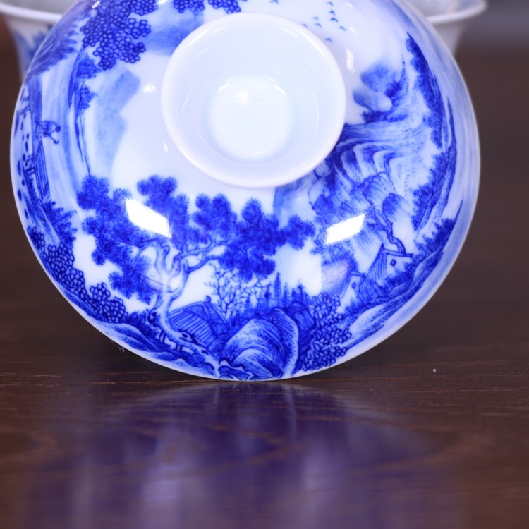 精品青花山水紋三才蓋碗景德鎮古玩古董陶瓷器仿古手工茶具|蓋碗|ETMall
