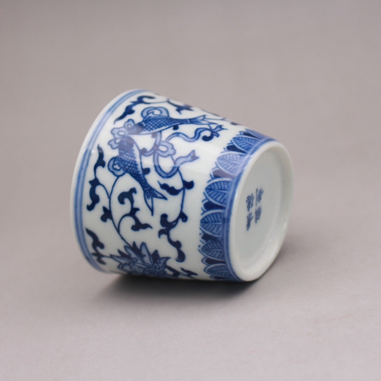 海】古染付 清時代 豆彩 缠枝莲文茶杯 「長春」在銘 5客 骨董品