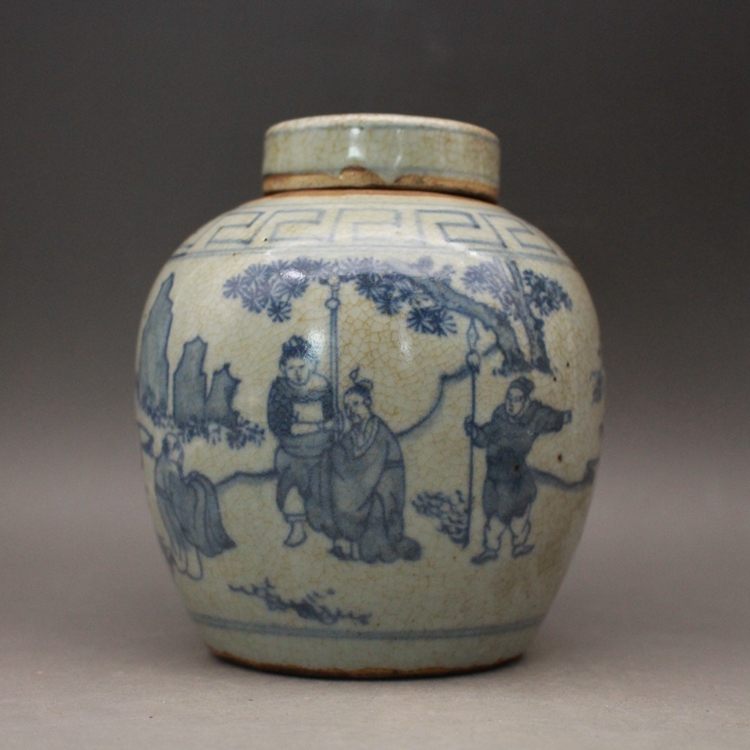 Late Qing Dynasty and Republic of China Blue and White Figures Tea Caddy Jingdezhen Antique Antique Ceramics Antique Antique Collection