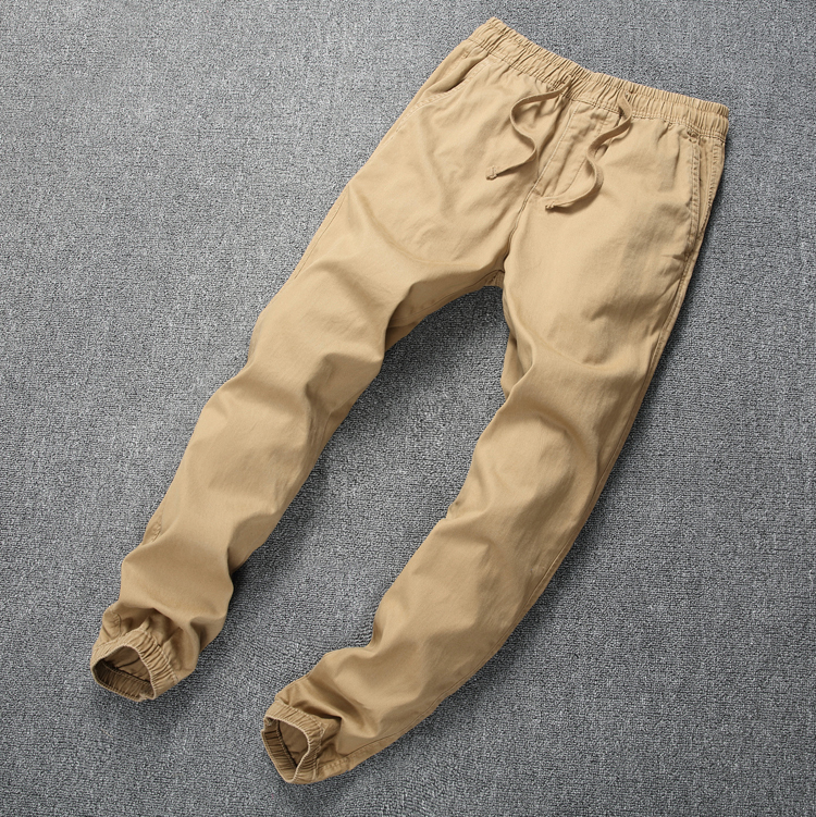 Spring and Autumn Pure Cotton Men's Khaki Elastic Slim-Fit Cropped Jogger Pants with Cuffed Ankles and Tapered Legs Spring and Autumn Pure Cotton Men's Khaki Elastic Slim-Fit Cropped Jogger Pants with Cuffed Ankles and Tapered Legs