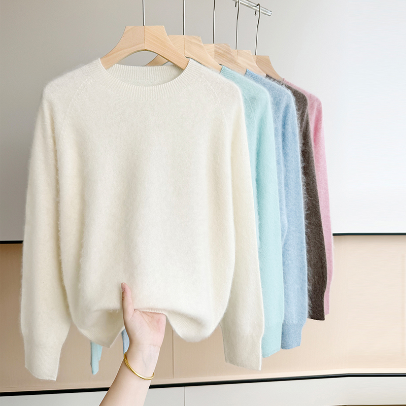 Cloud-Like Fuzzy 100% Pure Wool Base Layer Women's Autumn and Winter Round Neck Seamless Fleece Knit Sweater