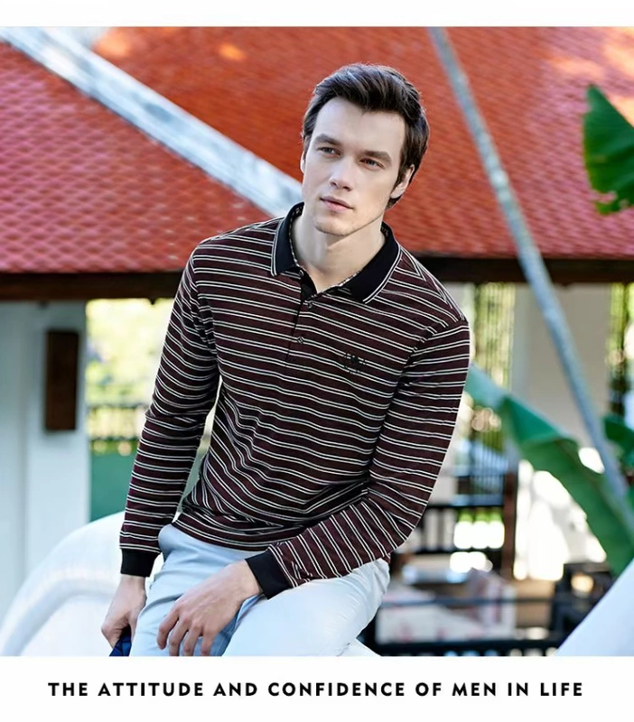 Lạc đà nam mùa xuân thời trang Slim Lapel Business sọc POLO Áo sơ mi dài tay giản dị