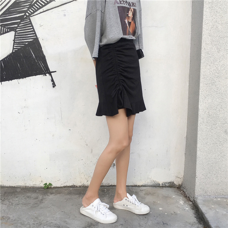 Mùa hè 2019 Hàn Quốc với cùng một bên váy dây rút xù váy chống ánh sáng lót váy thun eo - Váy váy jean ngắn