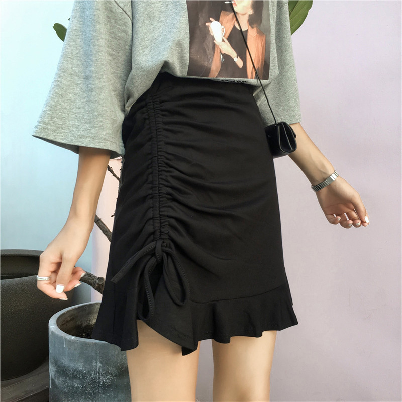 Mùa hè 2019 Hàn Quốc với cùng một bên váy dây rút xù váy chống ánh sáng lót váy thun eo - Váy váy jean ngắn