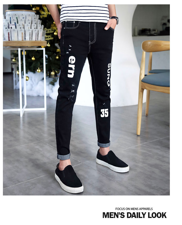 Mùa thu lỗ đen chín điểm quần jeans nam Phiên bản Hàn Quốc của quần lọt khe quần thủy triều quần nam Quần nam 9 điểm quần ống rộng nam