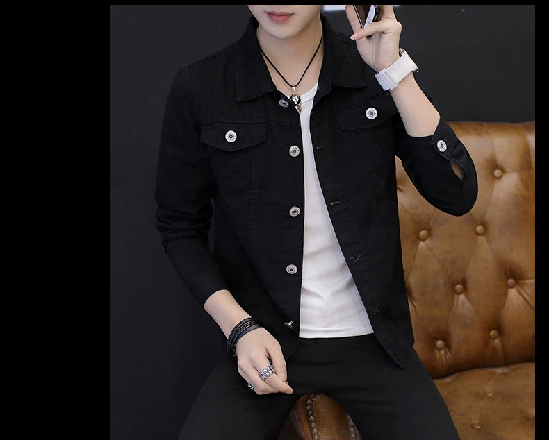 Áo khoác denim mùa thu nam màu đen phiên bản Hàn Quốc của thanh niên tự canh xuân và áo khoác mùa thu thủy triều nam áo khoác ngoài nam mùa thu đông