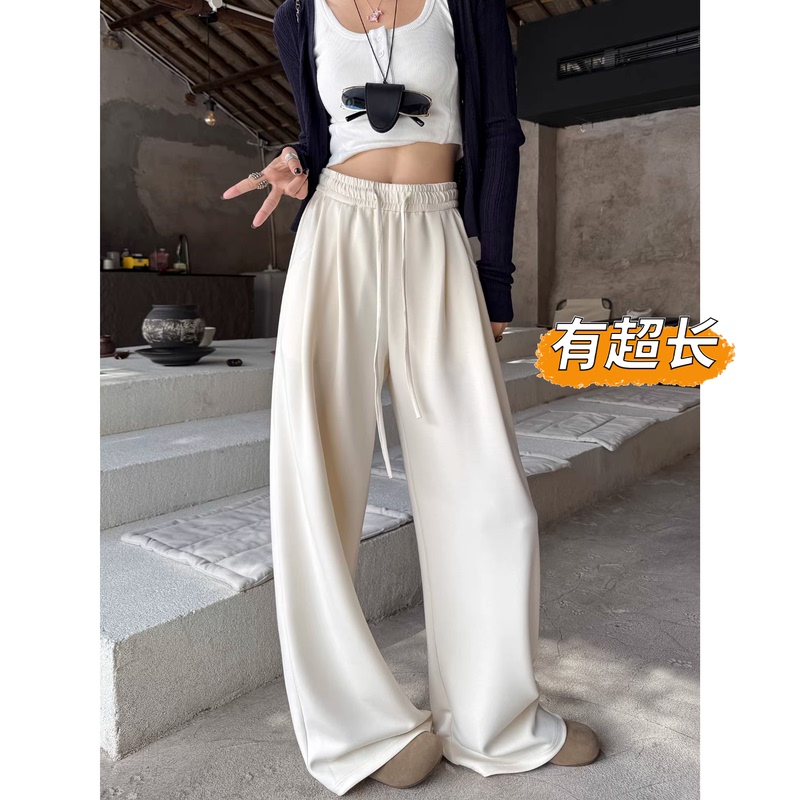 Tall Women's Extra-Long Off-White Air Layer Soft Wide-Leg Pants, High-Waisted, Slimming, Drapey, Extended Casual Pants for Spring and Autumn