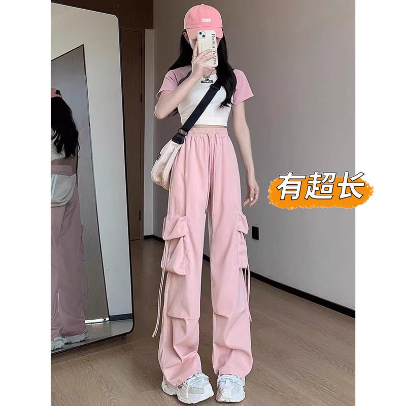 High-Waisted Pink American-Style Cargo Pants for Tall Women, Spring/Summer Multi-Pocket Quick-Dry Parachute Wide-Leg Pants