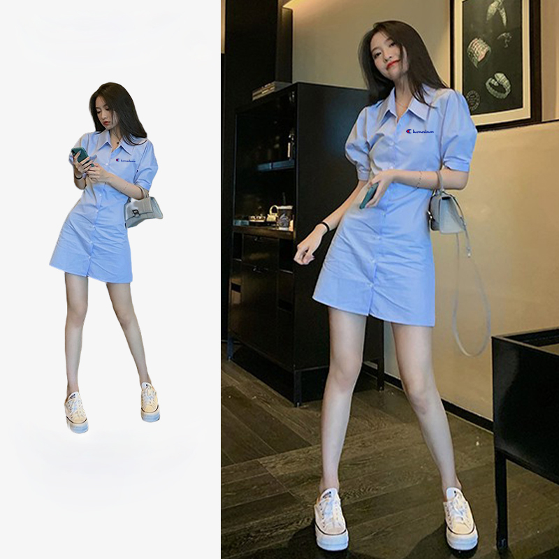 Selling Cute Champion French Design Blue Stripesd Polo Collar Shirt Dress Women's Summer Waist Slimming Look Short Skirt