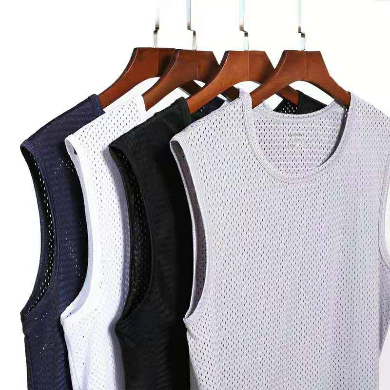Men's ice silk mesh vest men's summer tide thin section hollow breathable quick-drying sports wide shoulders sleeveless T-shirt bottoming shirt