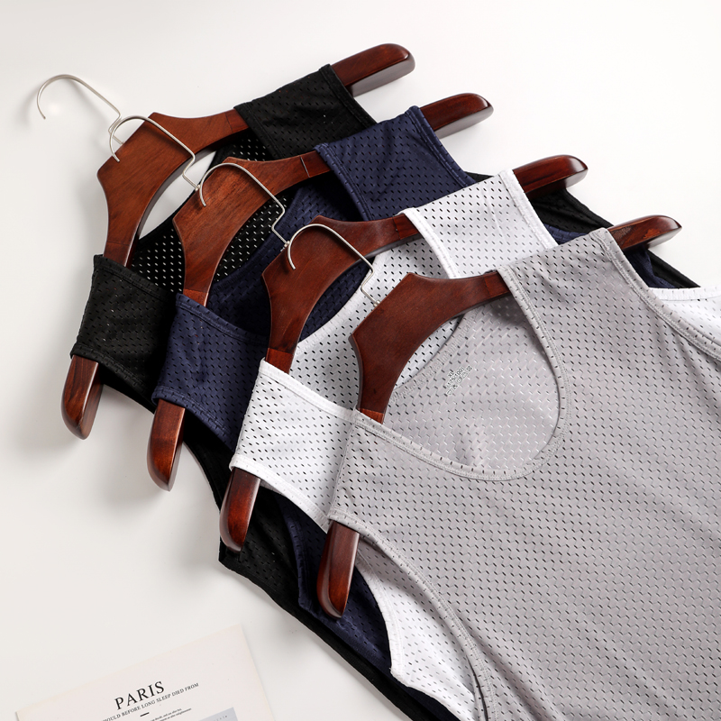 Men's mesh ice silk vest summer hollow men's large mesh vest round neck wide shoulder hole high elastic self-cultivation bottoming