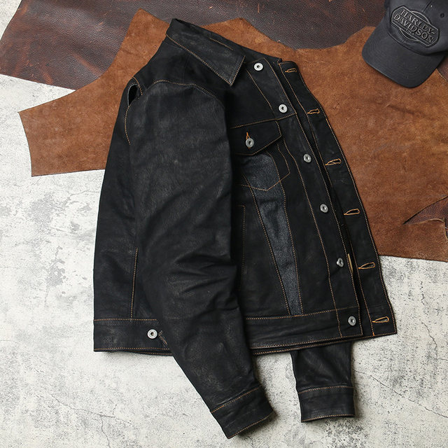 ຫນັງແບ້ retro distressed ລົດຈັກຫນັງ jacket ຜູ້ຊາຍ lapel workwear jacket ຫນັງແທ້ 557XX denim style jacket ຫນັງ