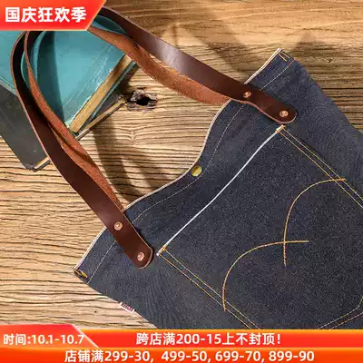 Original design handmade tanned leather tanning denim bag seven name Hand bag bag shopping bag