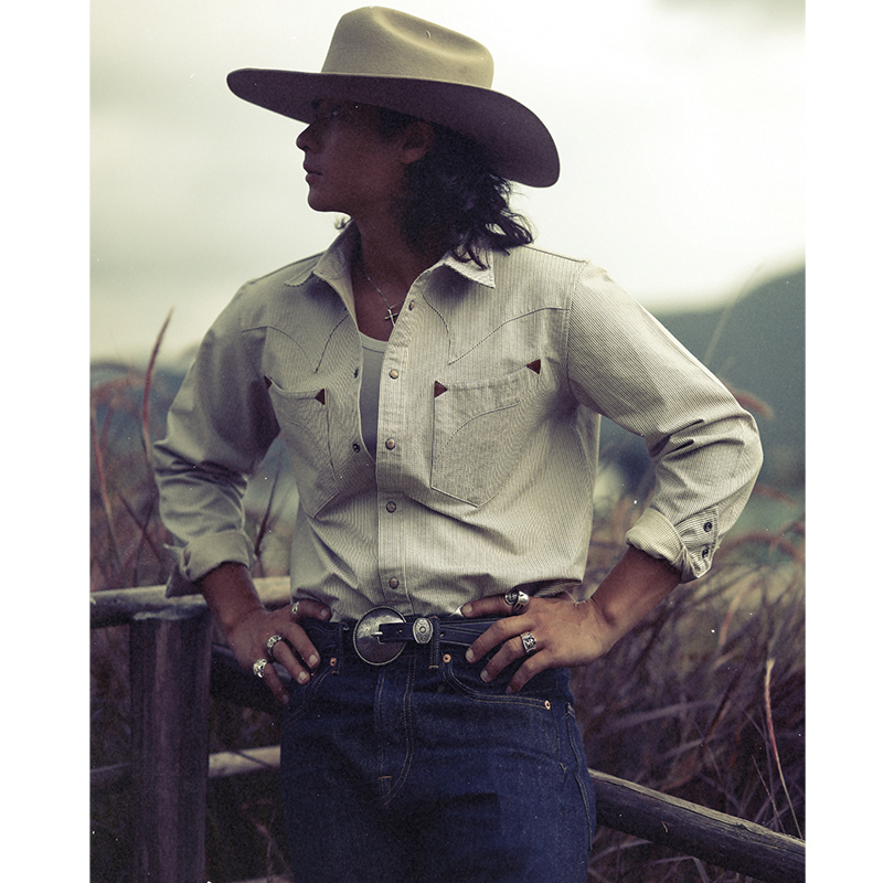 Western Series Off-White Woven Snap-Button Striped Shirt American Retro Western Long-Sleeve Shirt Mbbcar Narrow Width
