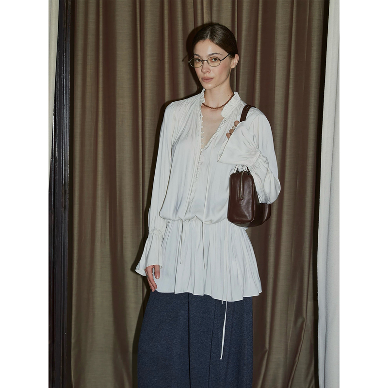 Molin Boho Cihc Ruffled Half-Button Front Flared Sleeve French Vintage Shirt Top Dress