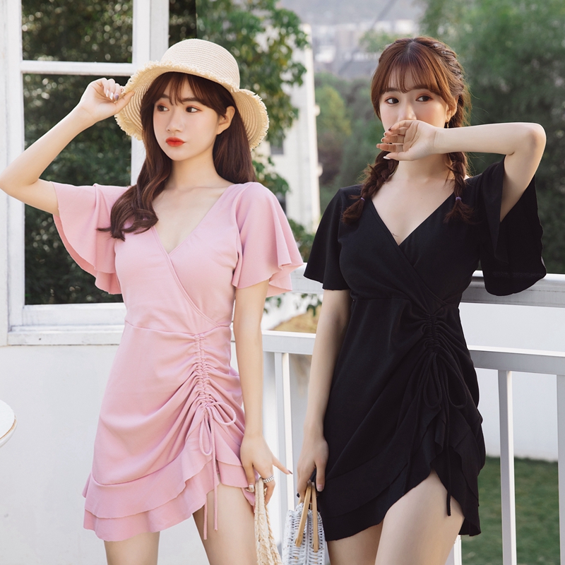 Spa swimsuit women's two style skirts South Korean conservative Gut Belly lean Lean Students Pure Color Flat Corner Small Scent Wind Swimsuit