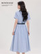 Meng Xiaoqi's temperament blue striped shirt dress for women in summer French waist-climbing teaching and interview clothing long skirt