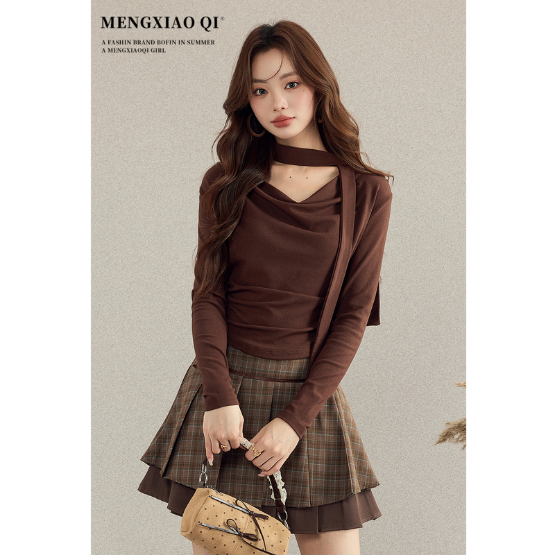 Meng Xiaoqi Maillard Retro Coffee-Colored Long-Sleeve T-Shirt for Women, Spring Design, Stylish and Slim-Fitting Base Layer Top Meng Xiaoqi Maillard Retro Coffee-Colored Long-Sleeve T-Shirt for Women, Spring Design, Stylish and Slim-Fitting Base Layer Top