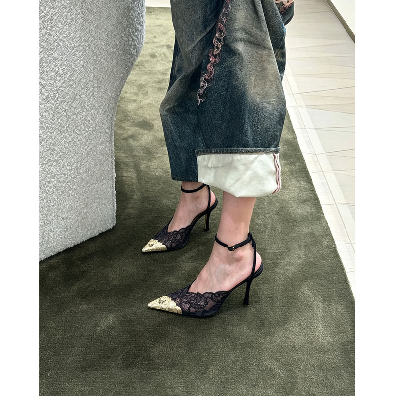 Black Lace High Heels Women's Stiletto Sexy 2026 Spring and Summer New Style Elegant Metal Pointed Toe Ankle Strap Sandals
