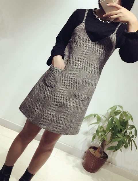 Mùa thu và mùa đông phiên bản mới của Hàn Quốc của houndstooth kích thước lớn Một chiếc váy len dây đeo từ váy là váy lưới mỏng váy phụ nữ đầm voan xòe