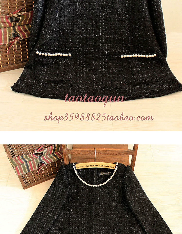 Ban đầu nhỏ có kiểu dáng thơm hạt cườm cổ tròn tay áo phồng A-line len ngắn là quần áo tweed màu đen và kích thước lớn của phụ nữ - Áo Hàn Quốc