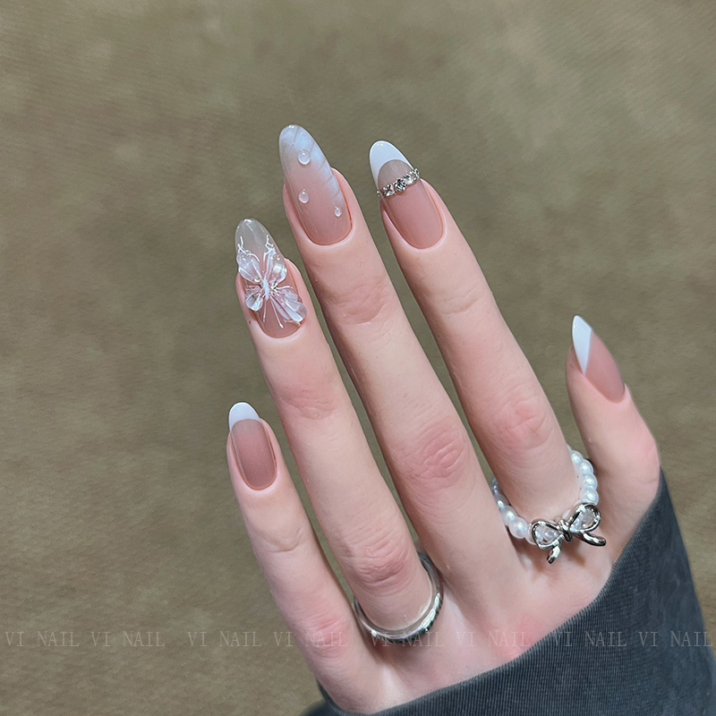Vi Handmade Wearable Nails Nude Color White French Bridal Manicure 3D Butterfly Simple White-Enhancing Medium Short Round Nail Tips