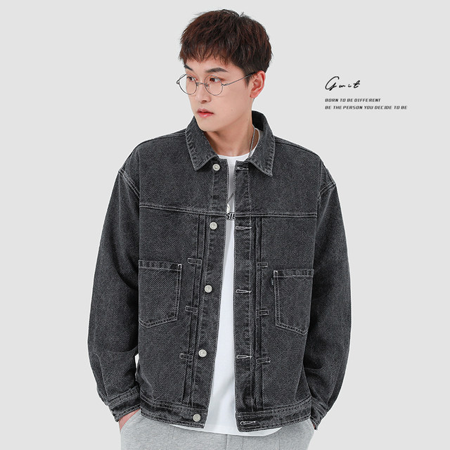 GWIT American classic wood gray spring and autumn retro washed and distressed trendy brand top jacket denim jacket for men