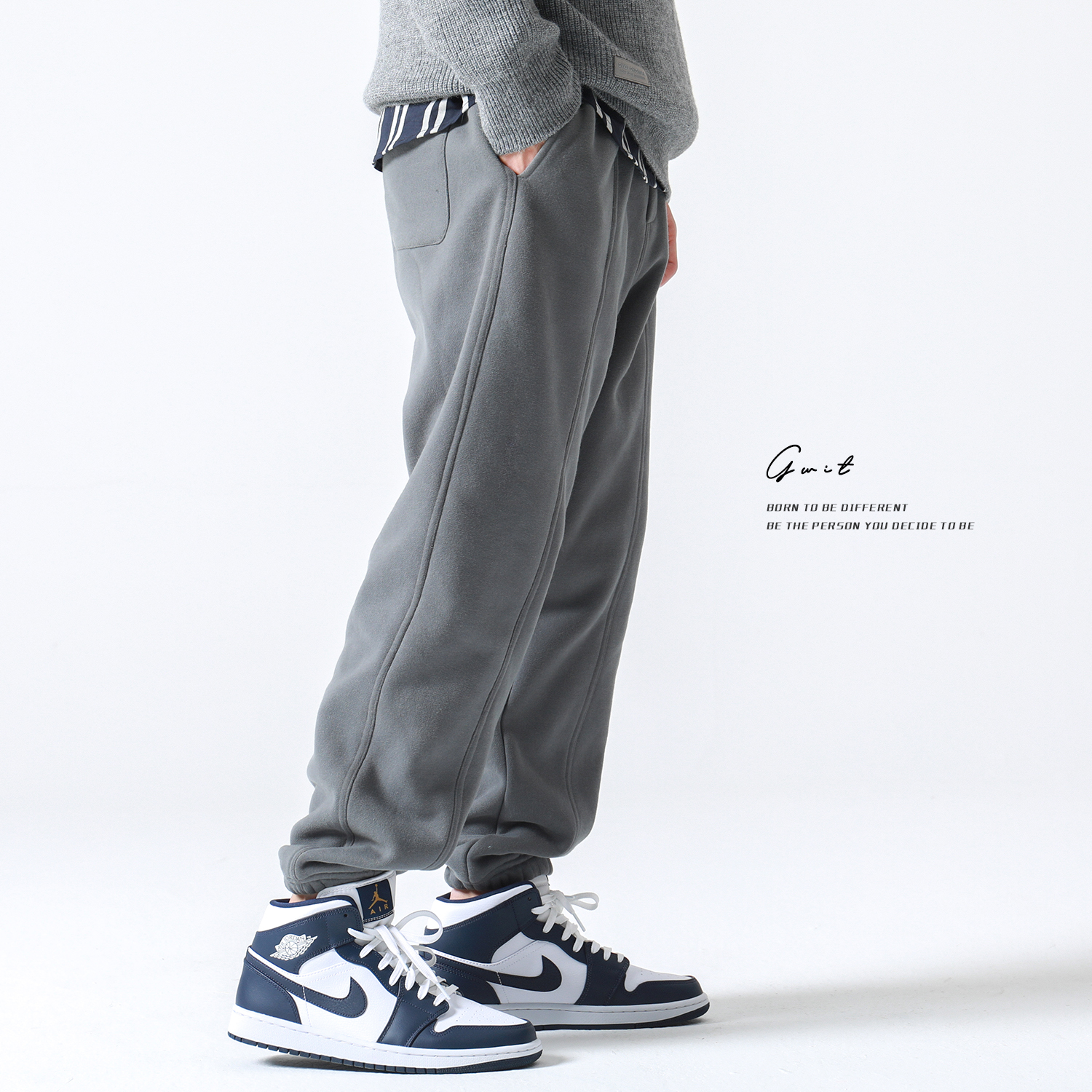 GWIT 380g heavy weight grain fleece Winter new loose casual corset plus plush thick sports sweatpants men