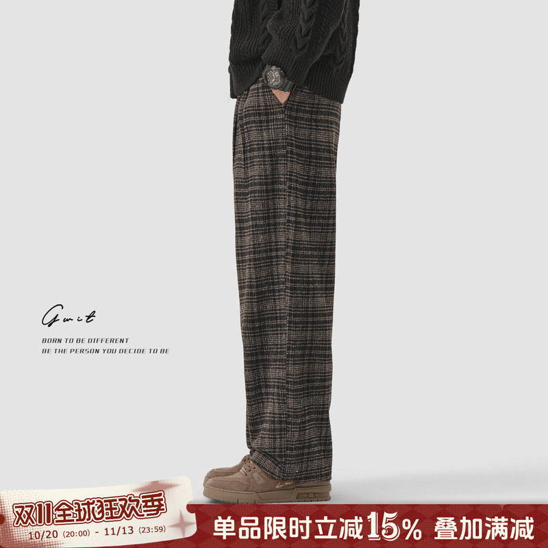 Gwit'Prince of Wales Check' Retro Mature Autumn and Winter Heavyweight Warm 580g Preppy Plaid Casual Pants for Men Gwit'Prince of Wales Check' Retro Mature Autumn and Winter Heavyweight Warm 580g Preppy Plaid Casual Pants for Men
