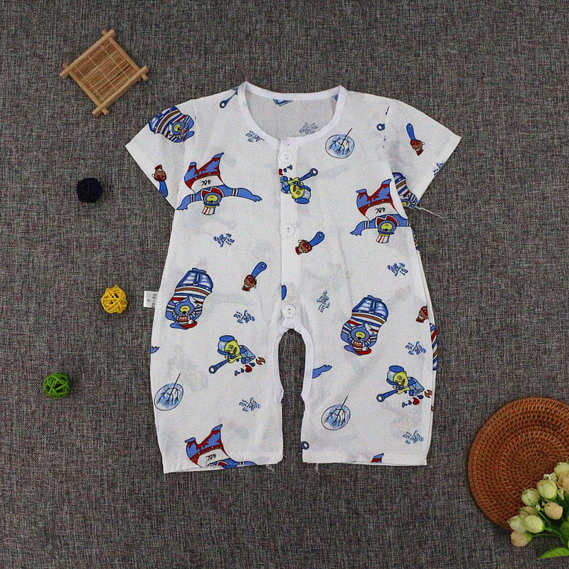 Bé bông lụa jumpsuit mùa hè ngắn tay mở bé phần mỏng 0-3-6-12 tháng sơ sinh cotton lụa quần áo