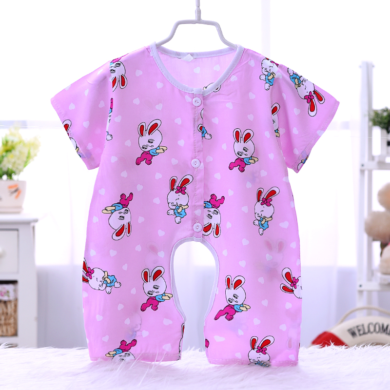 Bé bông lụa jumpsuit mùa hè ngắn tay mở bé phần mỏng 0-3-6-12 tháng sơ sinh cotton lụa quần áo