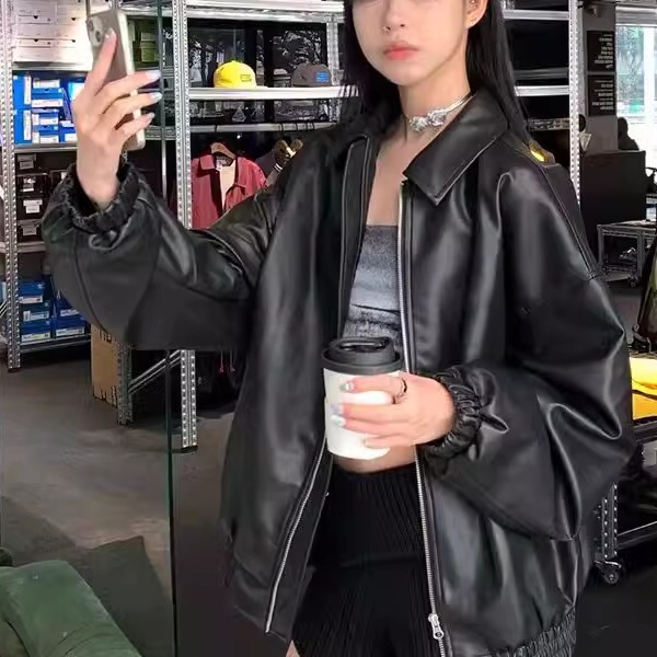 Black Pu Leather Jacket for Women, Trendy Brand, 2024 Spring and Autumn New Design, Versatile Short American Retro Jacket