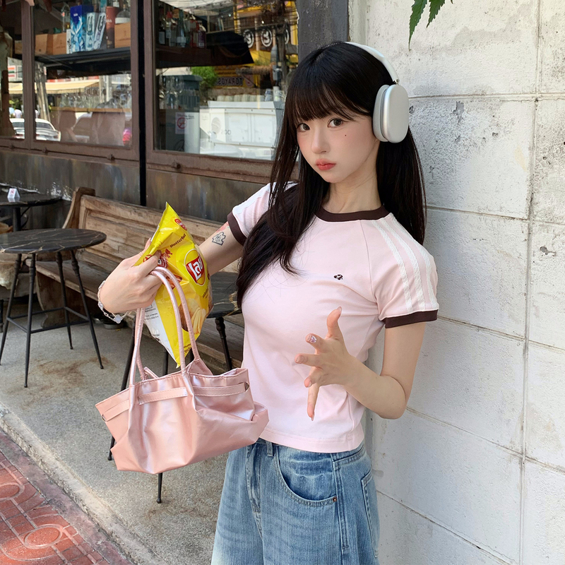 Ana Treasure Jenny【Pink Day Fairy Tale】Spring and Summer Korean Style Sports Style Raglan Embroidered Short Sleeve Top T-Shirt for Girls