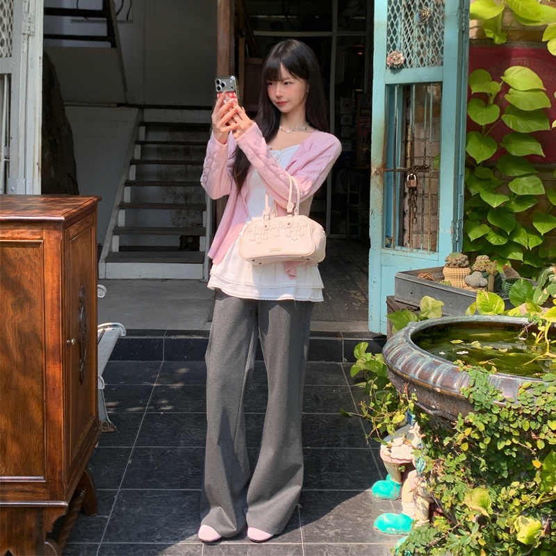 Ana Treasure Jenny 26 Spring/Summer Korean Style Elastic Waist Slimming Deep Gray Floral Knit Flared Long Pants for Women Ana Treasure Jenny 26 Spring/Summer Korean Style Elastic Waist Slimming Deep Gray Floral Knit Flared Long Pants for Women