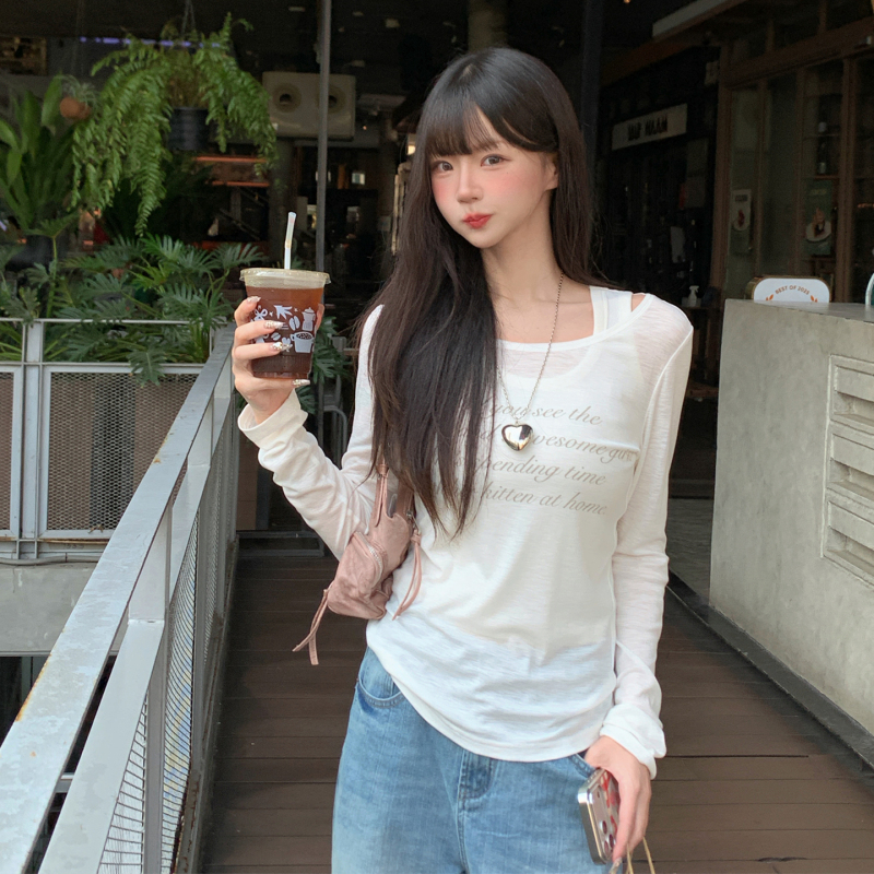 【Xu Yiyang's Style】Spring and Summer Korean-Style Letter Print Semi-Sheer Long-Sleeve White T-Shirt Lyocell Top for Women