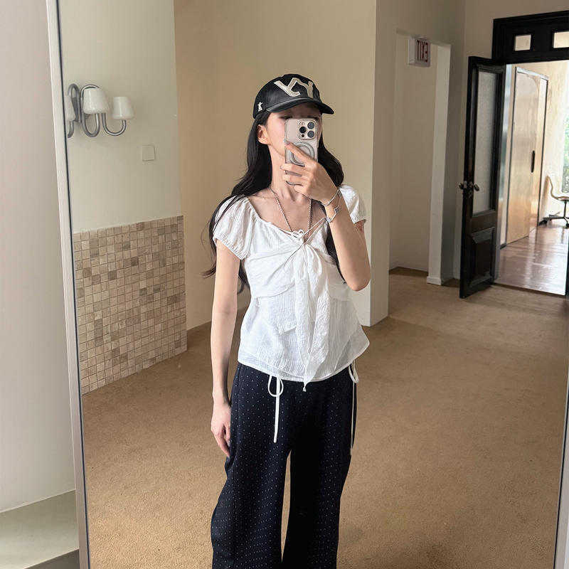 Ana Treasure Jenny【Light Cloud】26 Summer Korean Style Gentle Chest Tie Short Sleeve V-Neck Top for Girls Ana Treasure Jenny【Light Cloud】26 Summer Korean Style Gentle Chest Tie Short Sleeve V-Neck Top for Girls