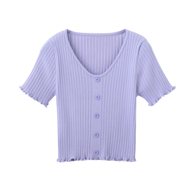 Short-sleeved women's 2024 new summer purple navel-baring thin solid color sweater Korean style women's ice silk T-shirt top