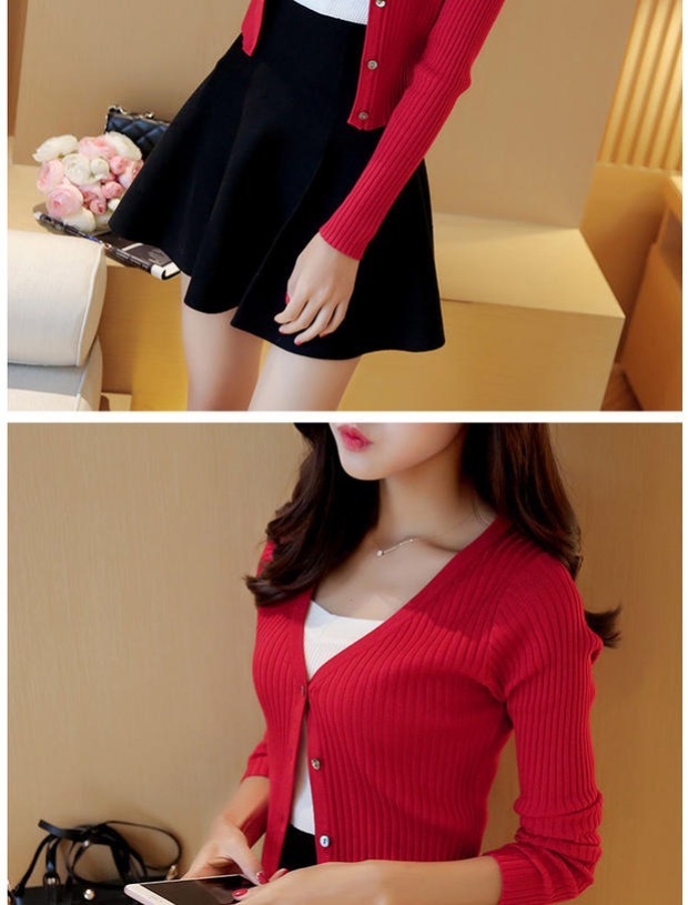Mùa xuân 2018 mới V-cổ pit sọc ngắn tay đan len nữ là áo khoác mỏng eo cao khoác cardigan