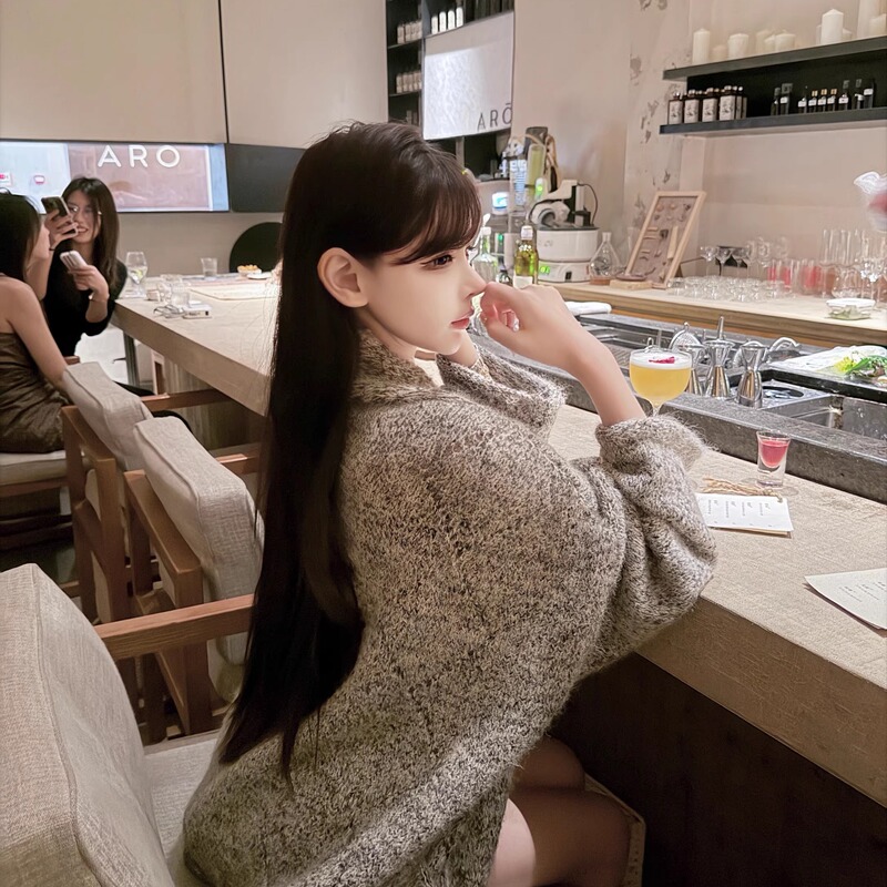 Chen Yunduo*Korean Casual Style* Gray Argyle Hollow-Out Autumn and Winter Loose Versatile Everyday Knit Cardigan Jacket