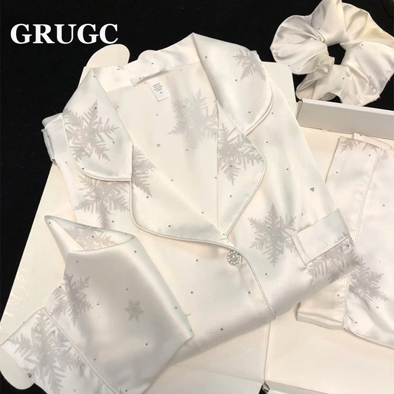 Grugc High-End Silk Pajamas for Women, Spring and Autumn, High-End Rhinestone Snowflake Long-Sleeved Cardigan Home Wear Set