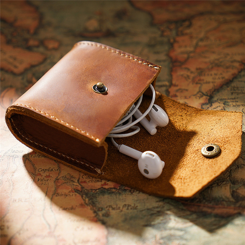 Creative Retro Key Bag Bull Leather Mini Zero Money Bag Coin Headphones Box New Genuine Leather Data Line Cashier Bag