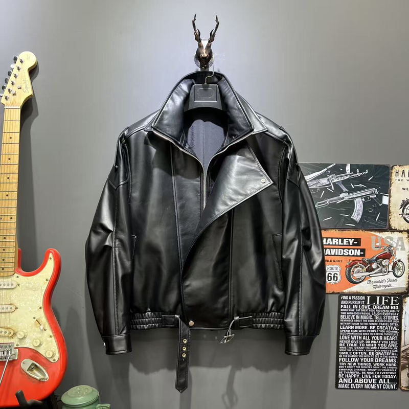 Autumn and Winter New Style Genuine Leather Jacket for Men, Sheepskin Motorcycle Leather Jacket, Short Style, Double-Layer Collar, Loose Hip-Hop Coat, Trendy