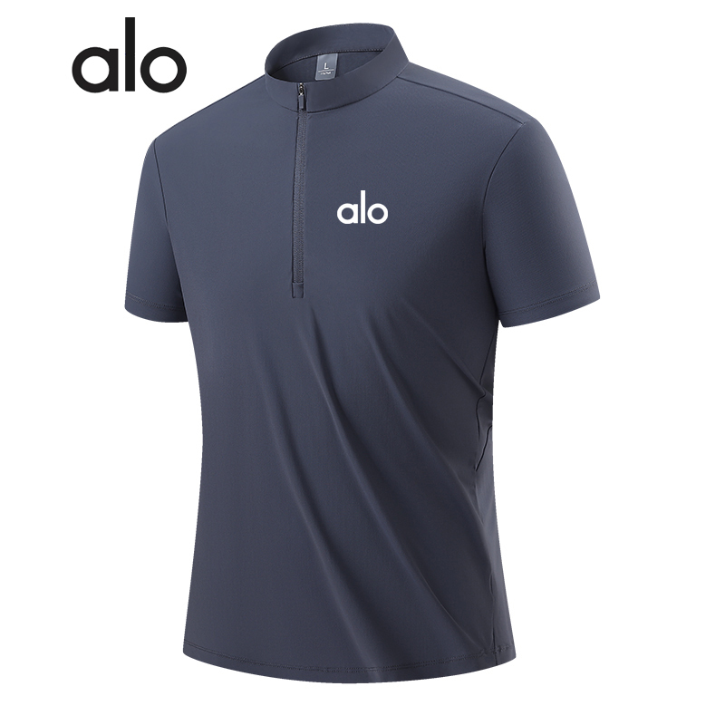 Alo Half-Zip Ice Silk T-Shirt for Men, Short-Sleeved Summer Quick-Drying Clothing, Stand-Up Collar, Fast-Drying Casual Half-High Collar T-Shirt