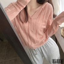 South Korea 2021 autumn short vneck hooded sweater female Korean pink hoodie top wear thin sweater