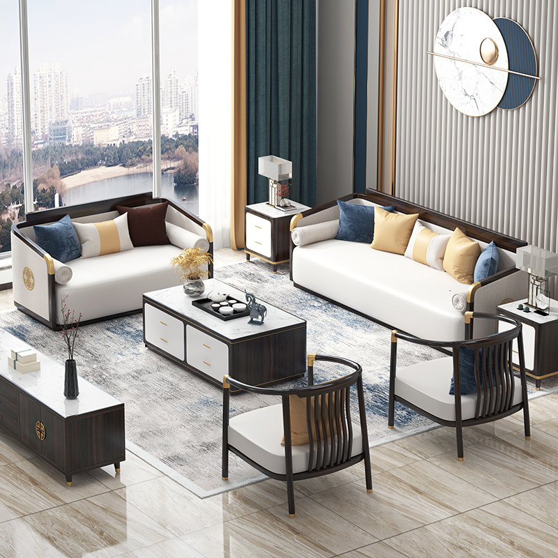 New Chinese solid wood sofa combination living room modern minimalist Zen light luxury small apartment wooden Chinese furniture set